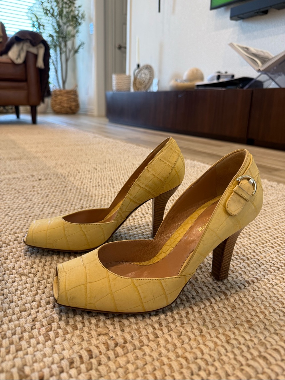 Sergio Rossi Yellow Croc-Embossed Peep-Toe Pumps